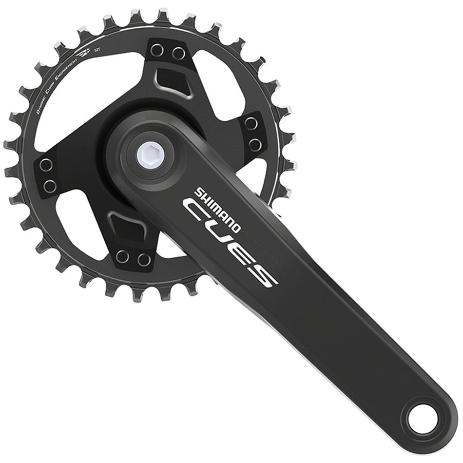 Shimano CUES FC-U4000-1 crankset with silver arms and chainring, featuring lightweight design and multiple gear compatibility.
