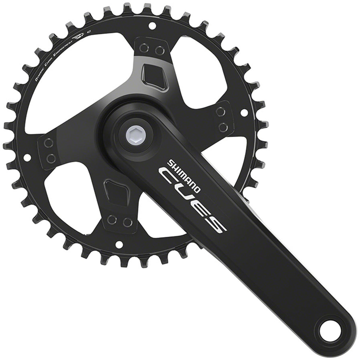 Shimano CUES FC-U4000-1 crankset with black crank arms and chainring, mounted on a bicycle drivetrain.