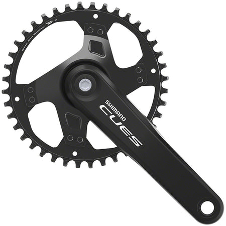 Shimano CUES FC-U4000-1 crankset with black crank arms and chainring, mounted on a bicycle drivetrain.