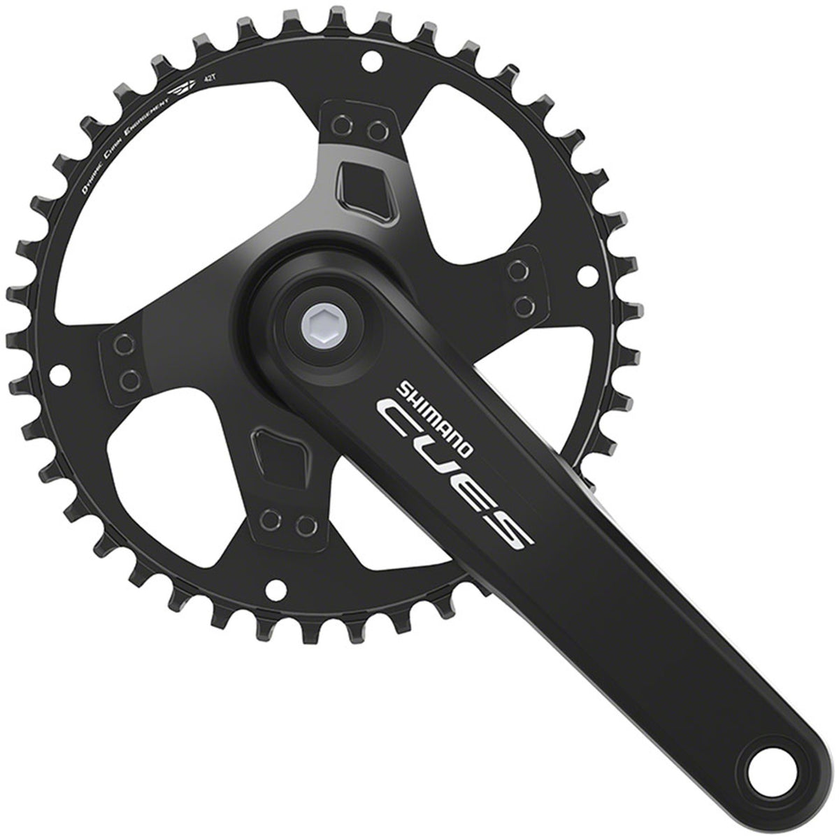 Shimano CUES FC-U4000-1 crankset with silver arms and chainring, designed for road bikes, shown from a side view.