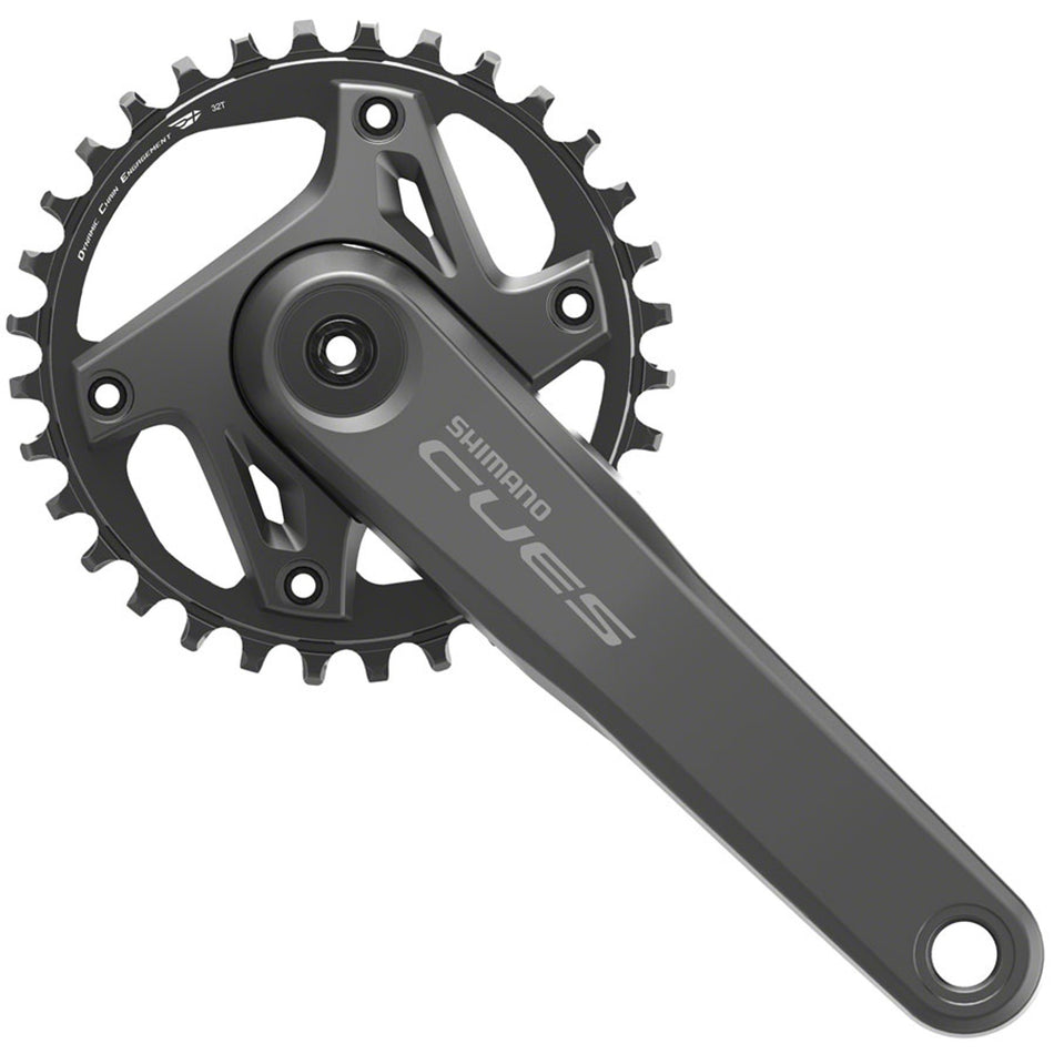Shimano CUES FC-U6000-1 crankset with black arms and chainring, mounted on a bike for smooth pedaling and efficient power transfer.