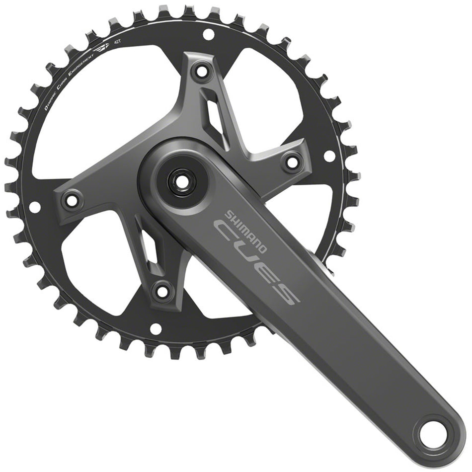 Shimano CUES FC-U6000-1 crankset with double chainrings and crank arms, shown in a close-up view.