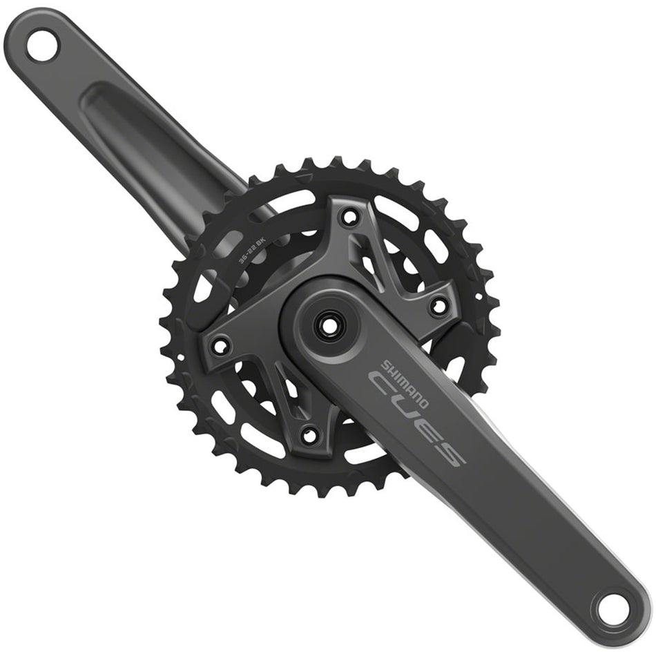 Shimano CUES FC-U6000-2 crankset with double chainrings and crank arms, designed for road bikes, shown in close-up view.
