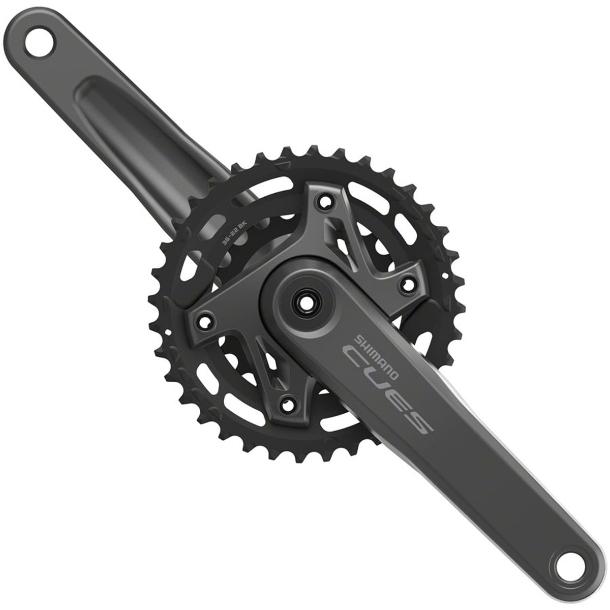 Shimano CUES FC-U6000-2 crankset with double chainrings and crank arms for road bikes, shown in a close-up image.
