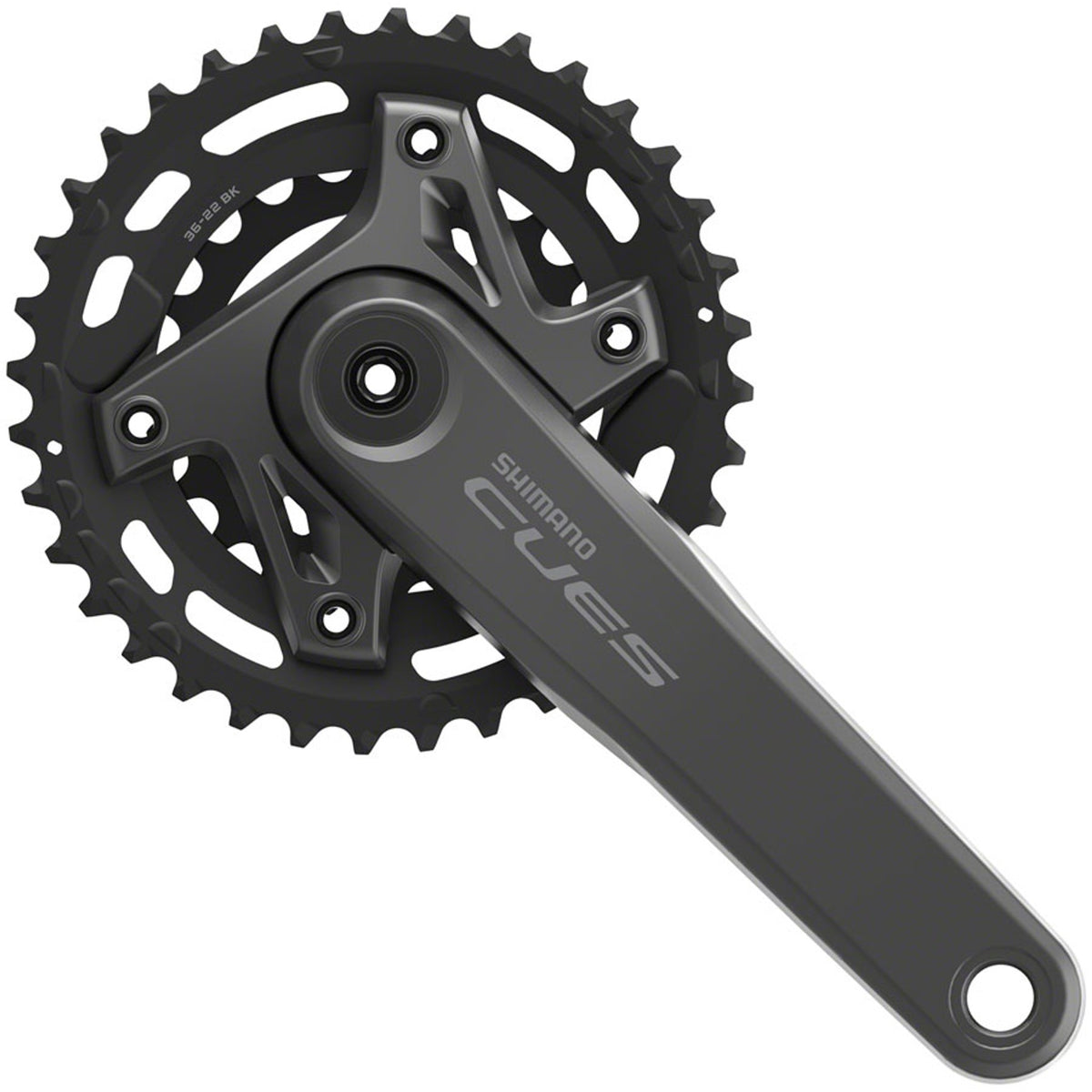 Shimano CUES FC-U6000-2 crankset with double chainring, black finish, and compact design for road bikes.