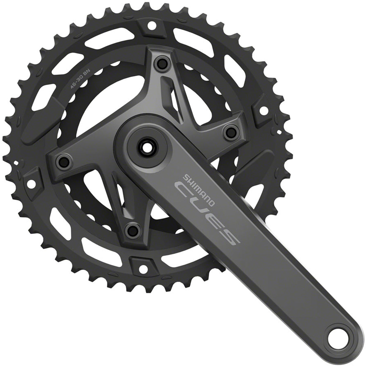 Shimano CUES FC-U6000-2 crankset with double chainrings and crank arms for road bikes, shown in a close-up image.