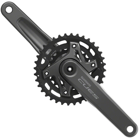 Shimano CUES FC-U6000-2 crankset with double chainring and black finish, designed for road bikes, shown from the side in the image.