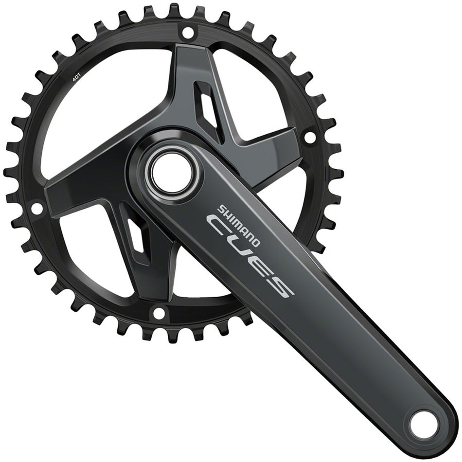 Shimano CUES FC-U8000-1 crankset with black arms and chainring, designed for road bikes, showing the detailed crank arm and chainring.