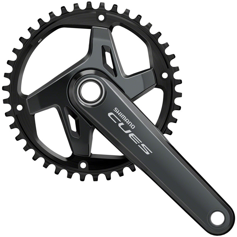 Shimano CUES FC-U8000-1 crankset with silver arms and chainring, designed for mountain or road bikes, shown in front view.