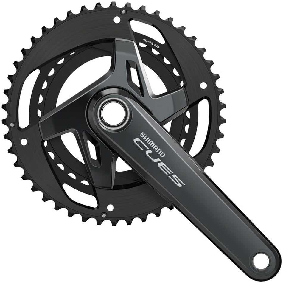 Shimano CUES FC-U8000-2 crankset with double chainrings and crank arms, designed for high-performance road bikes.
