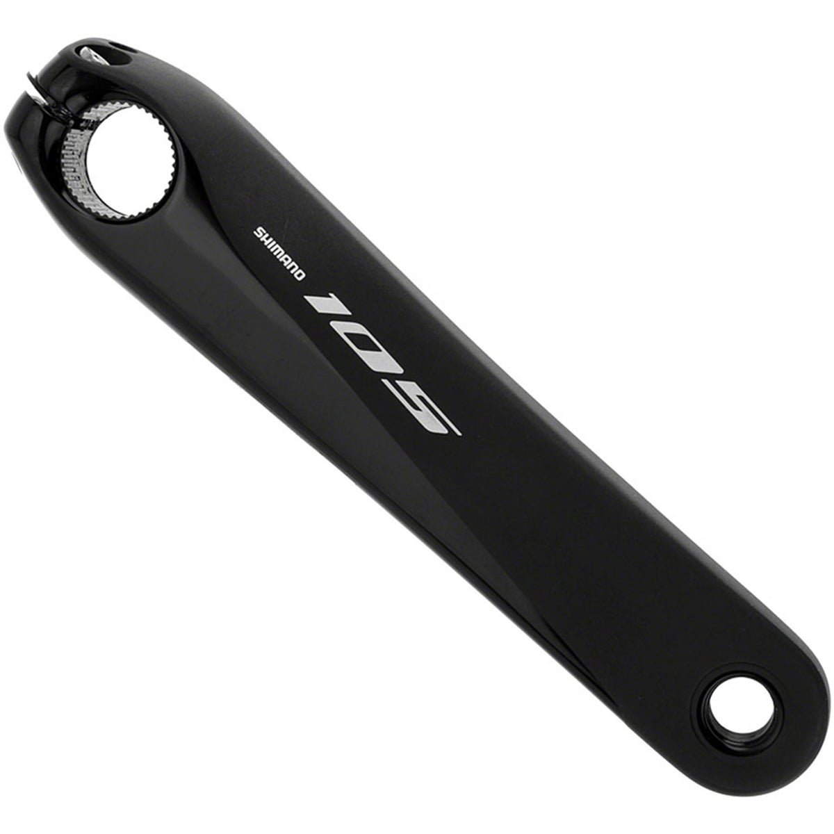 Shimano 105 FC-R7000 crankset with double chainrings, black finish, and crank arms, shown in the product image.