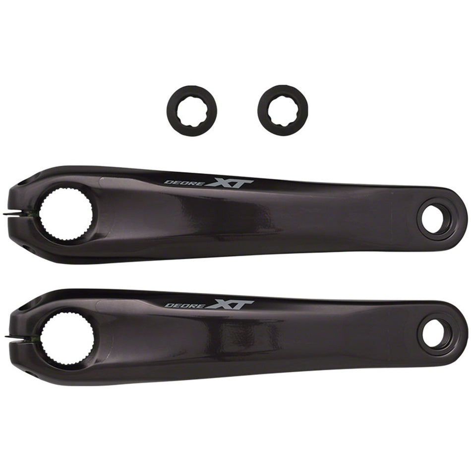 Shimano XT FC-M8150 e-MTB crankset for e-bike drivetrain, showing the black crank arms and chainring on a mountain bike.
