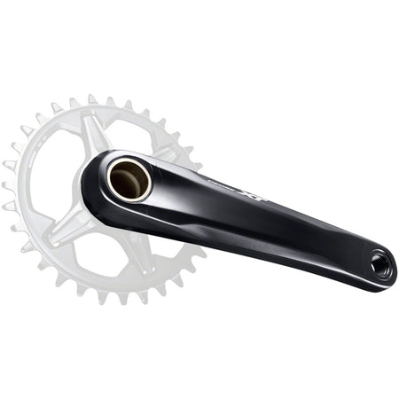 Shimano Deore XT FC-M8130 crankset with black crank arms and chainring, close-up view of the mountain bike crankset.