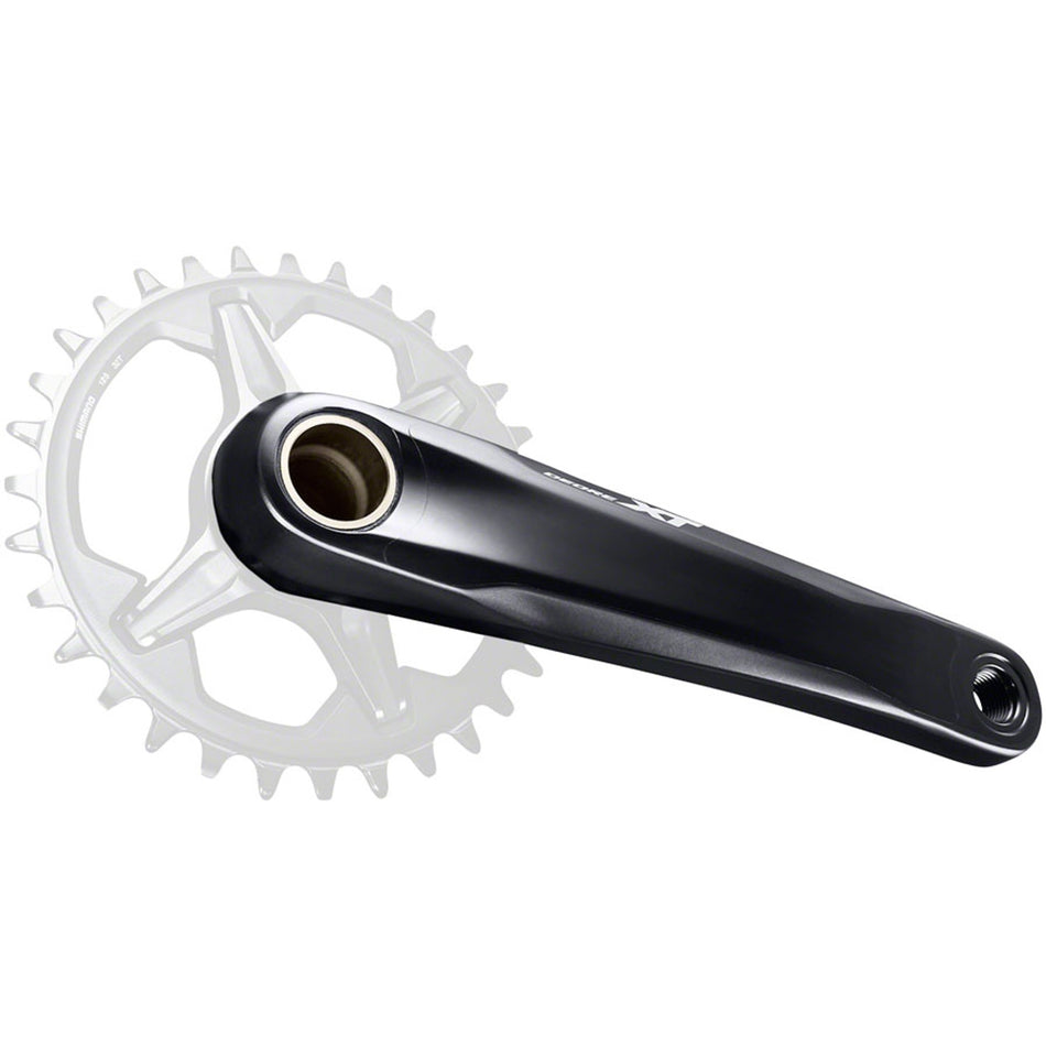 Shimano Deore XT FC-M8130 crankset with black crank arms and chainring, close-up view of the mountain bike crankset.