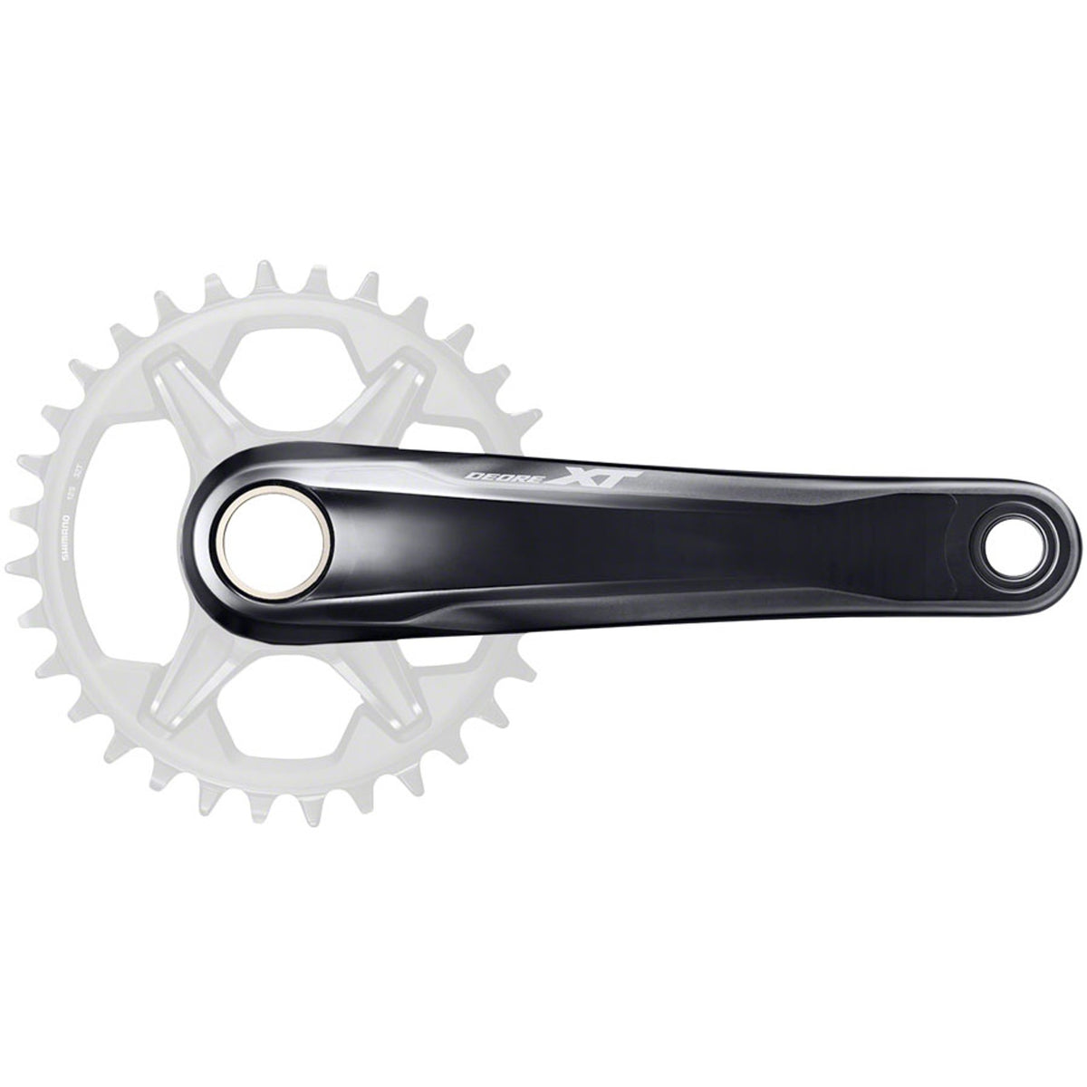 Shimano Deore XT FC-M8130 crankset with black arms and chainring, mounted on a bike drivetrain for mountain biking.