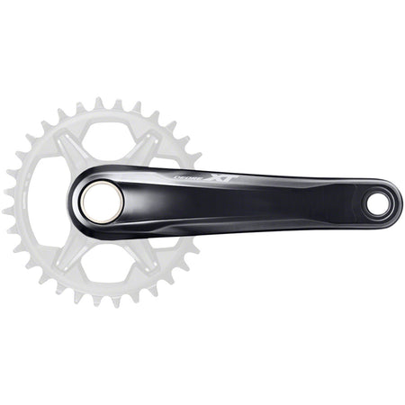 Shimano Deore XT FC-M8130 crankset with black arms and chainring, mounted on a bike drivetrain for mountain biking.