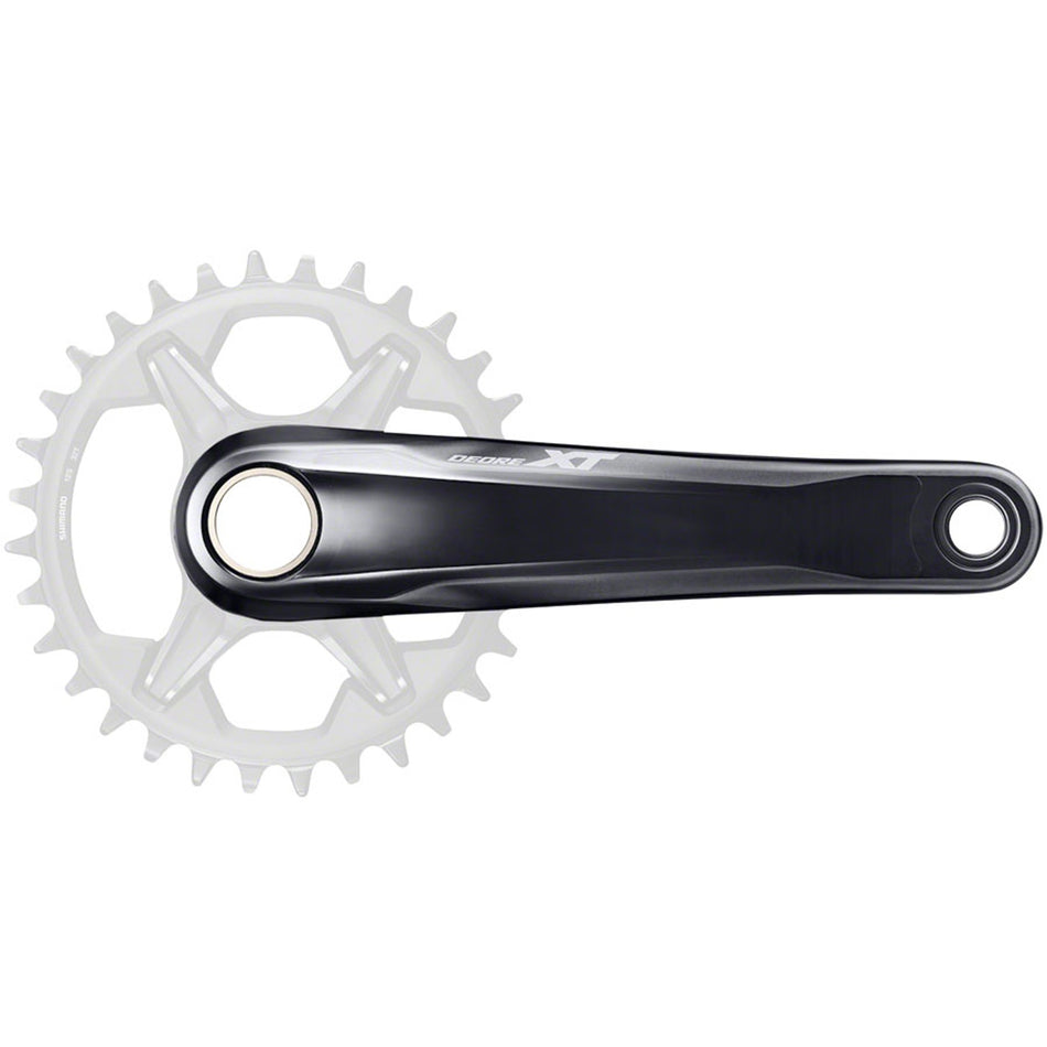 Shimano Deore XT FC-M8130 crankset with black arms and chainring, mounted on a bike drivetrain for mountain biking.