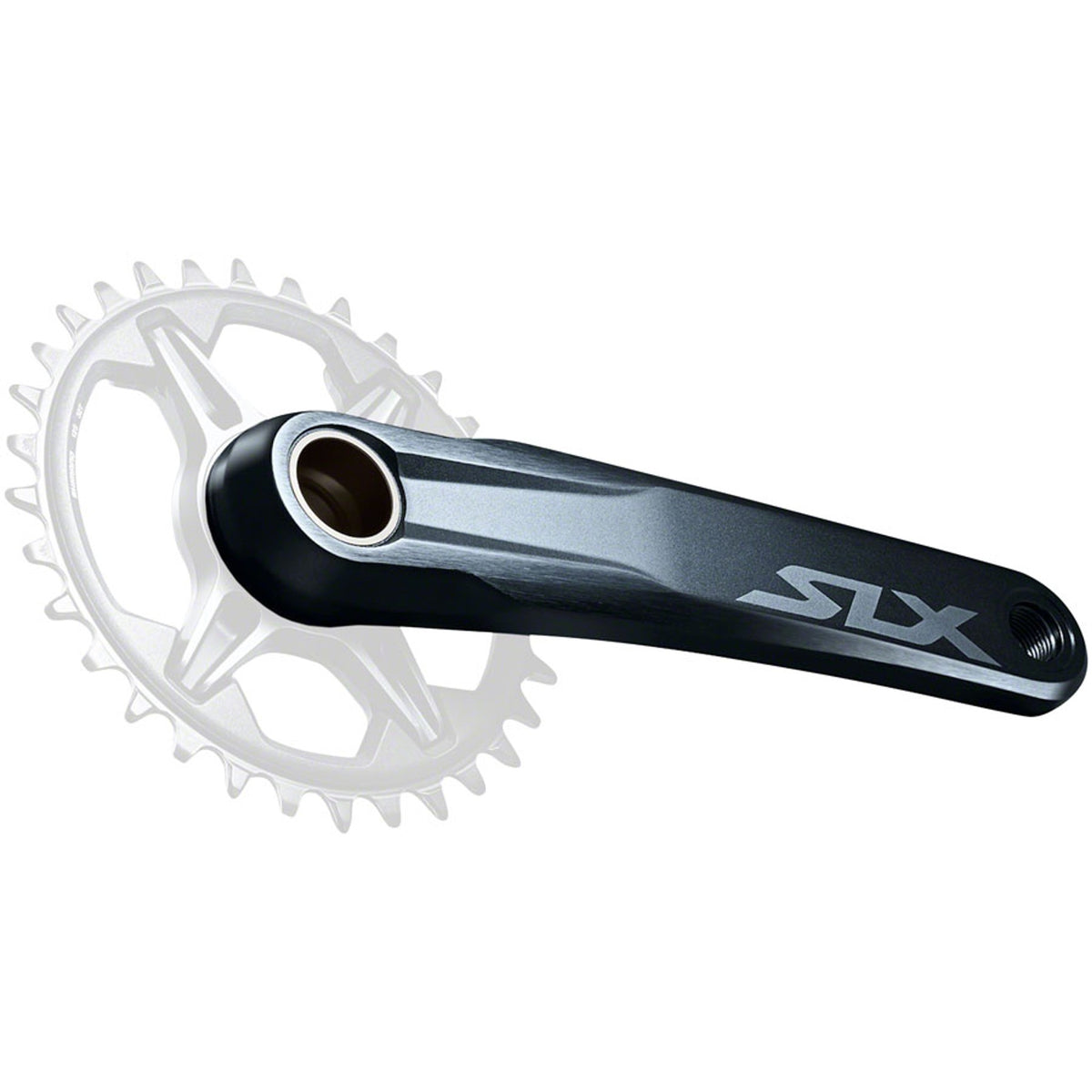 Shimano SLX FC-M7130 crankset with chainring and crank arms, designed for mountain bikes, in black with silver accents.