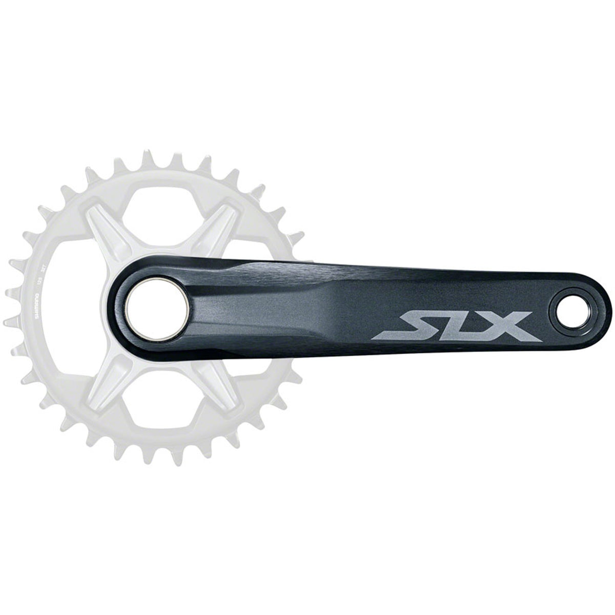 Shimano SLX FC-M7130 crankset with black arms and chainring, mountain bike crankset for off-road cycling.