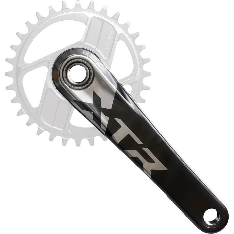 Shimano XTR FC-M9220 Enduro Crankset showing black crank arms and chainring with mounting bolts on a white background.