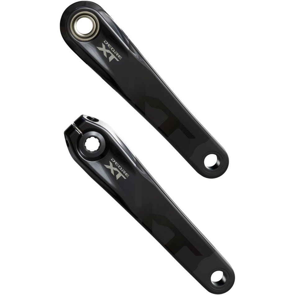 Shimano Deore XT FC-M8200 crankset with black arms and chainring, mounted on a bike drivetrain for mountain biking.