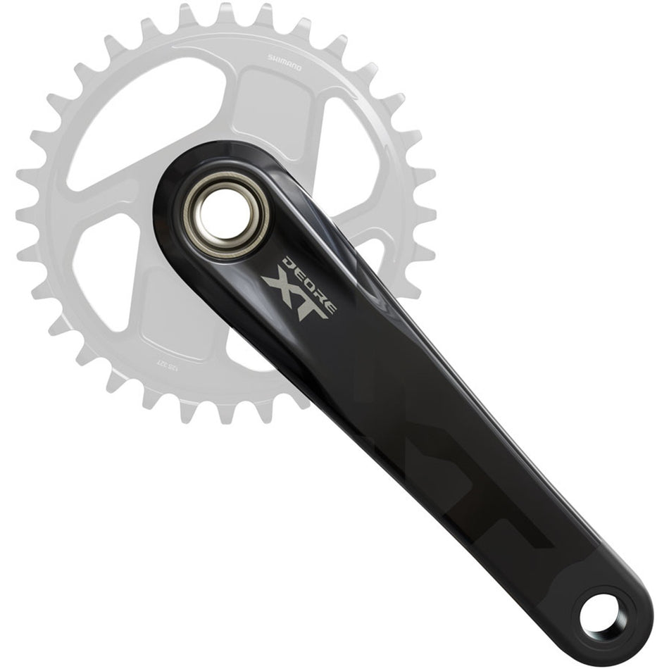 Shimano Deore XT FC-M8200 crankset with silver arms and chainring, designed for mountain biking and high-performance cycling.