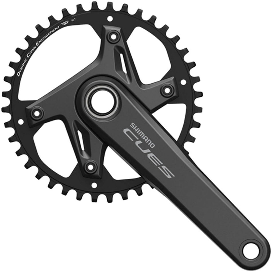 Shimano CUES FC-U6030-1 crankset showing crank arms and chainring with black finish and Shimano branding.