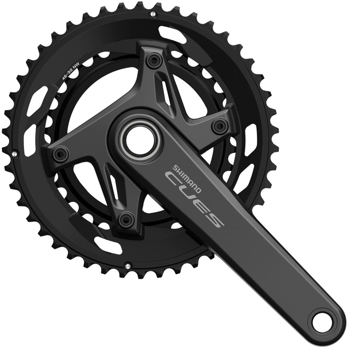 Shimano CUES FC-U6030-2 crankset with double chainrings and crank arms, shown in black finish.