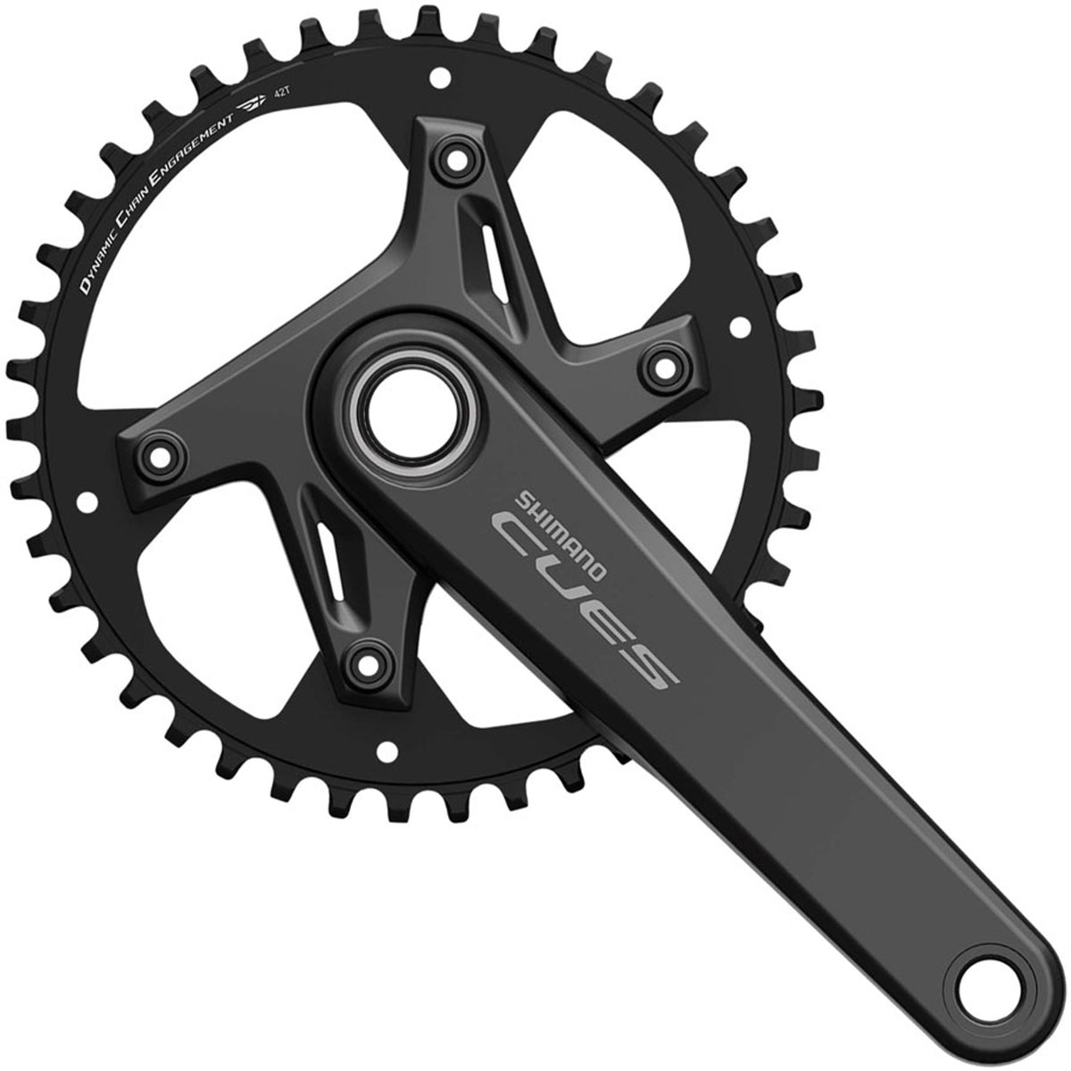 Shimano CUES FC-U6040-1 crankset with double chainrings and crank arms, mounted on a bike for smooth pedaling performance.