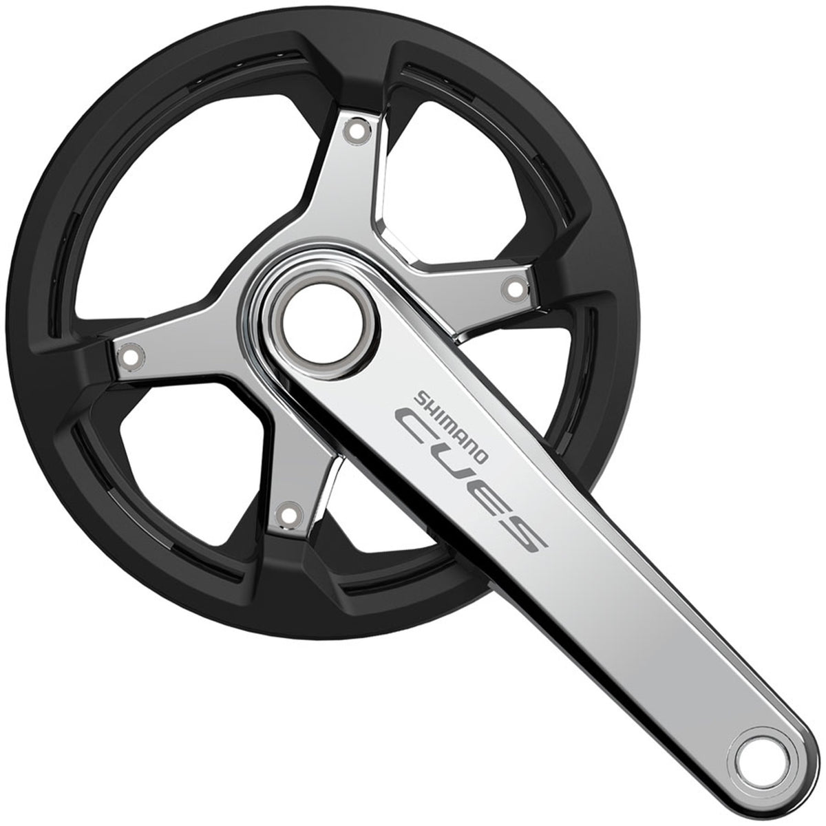 Shimano CUES FC-U6030-1 crankset with black arms and chainring, designed for mountain biking and durable performance.