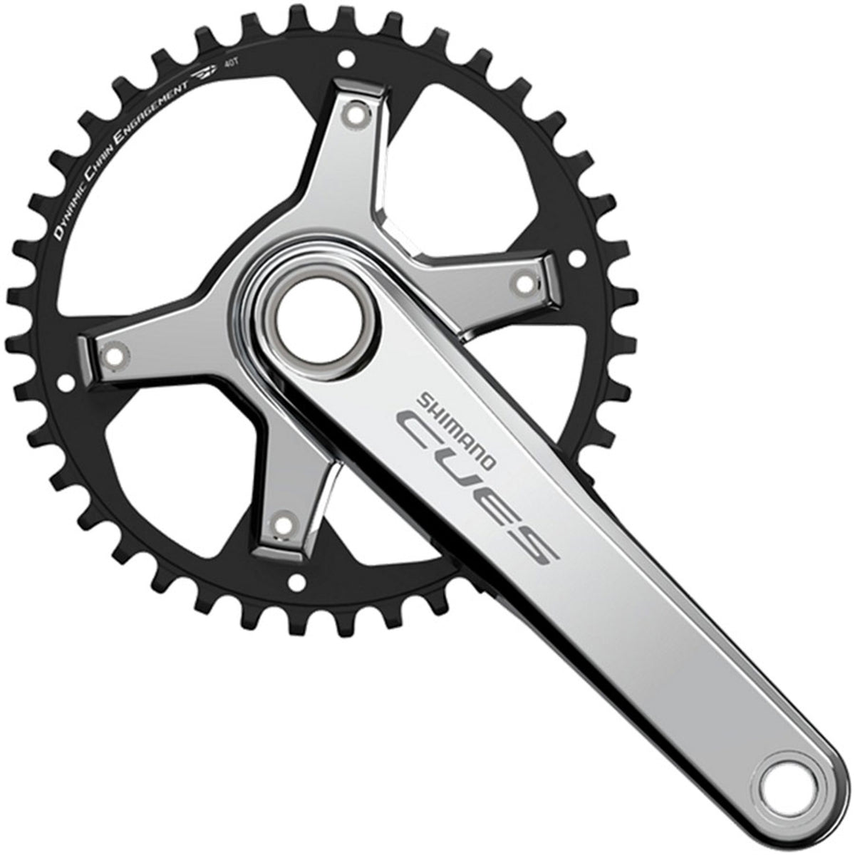 Shimano CUES FC-U6030-1 crankset with chainring and crank arms, mounted on a bike for smooth pedaling and gear shifting.