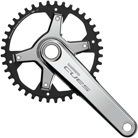 Shimano CUES FC-U6030-1 crankset with chainring and crank arms, mounted on a bike for smooth pedaling and gear shifting.