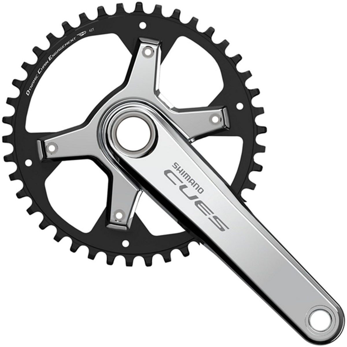 Shimano CUES FC-U6030-1 crankset with chainring and crank arms, designed for mountain bikes and outdoor cycling.
