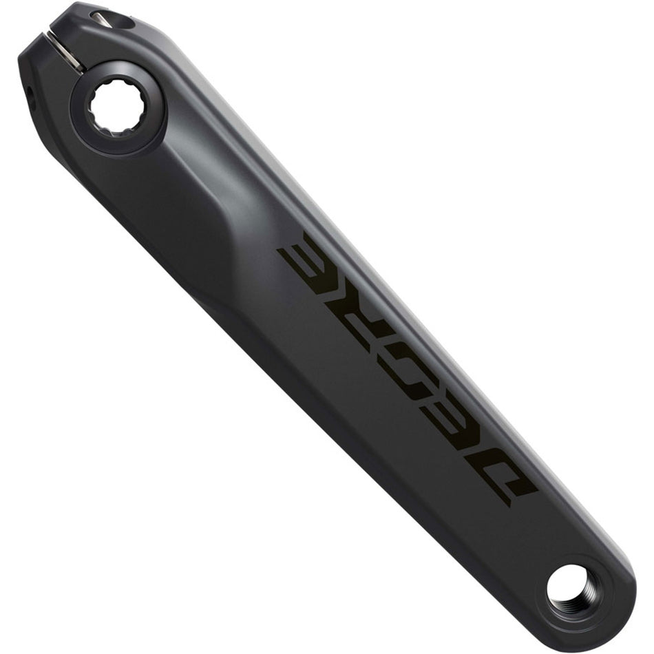 Shimano Deore FC-M6200 crankset with black arms and chainring, mounted on bike, showing detailed crank arm design and branding.