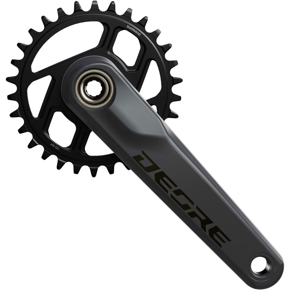Shimano Deore FC-M6200 crankset with black arms and chainring, showing detailed close-up of crankset components.