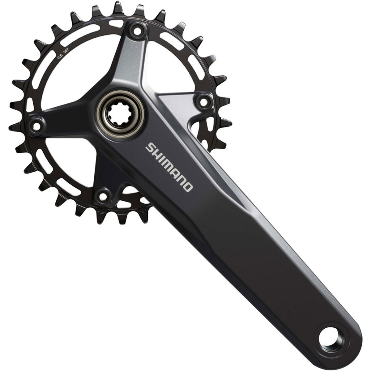 Shimano FC-MT520 crankset with black crank arms and chainring, designed for mountain biking, shown in the image.
