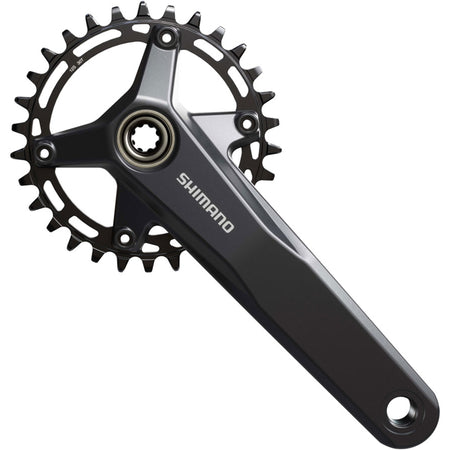 Shimano FC-MT520 crankset with black crank arms and chainring, designed for mountain biking, shown in the image.