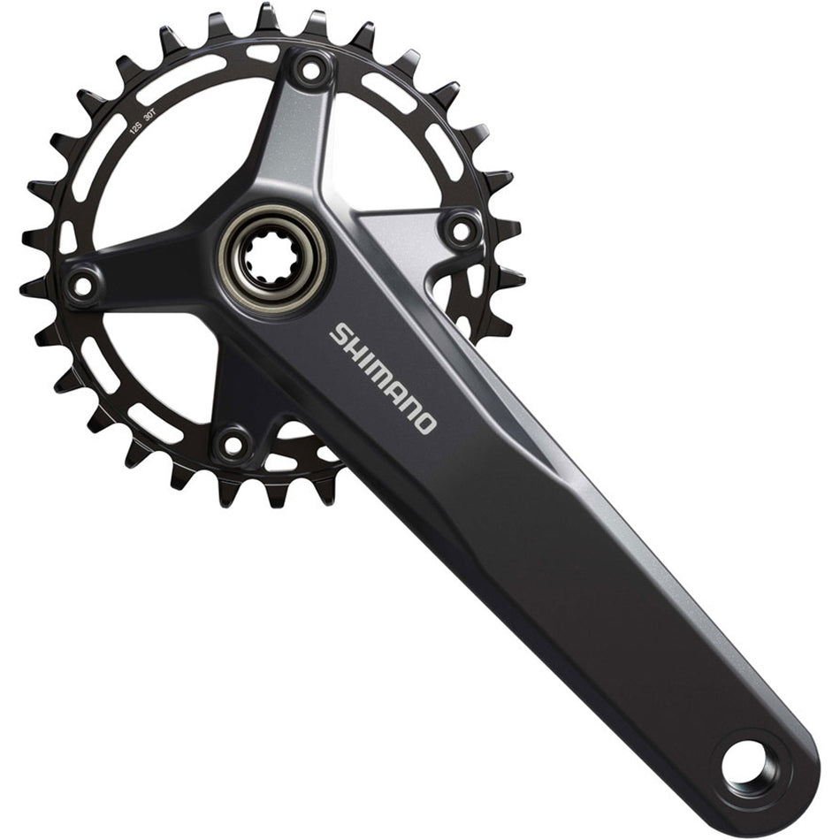Shimano FC-MT520 crankset with black crank arms and chainring, designed for mountain biking, shown in the image.