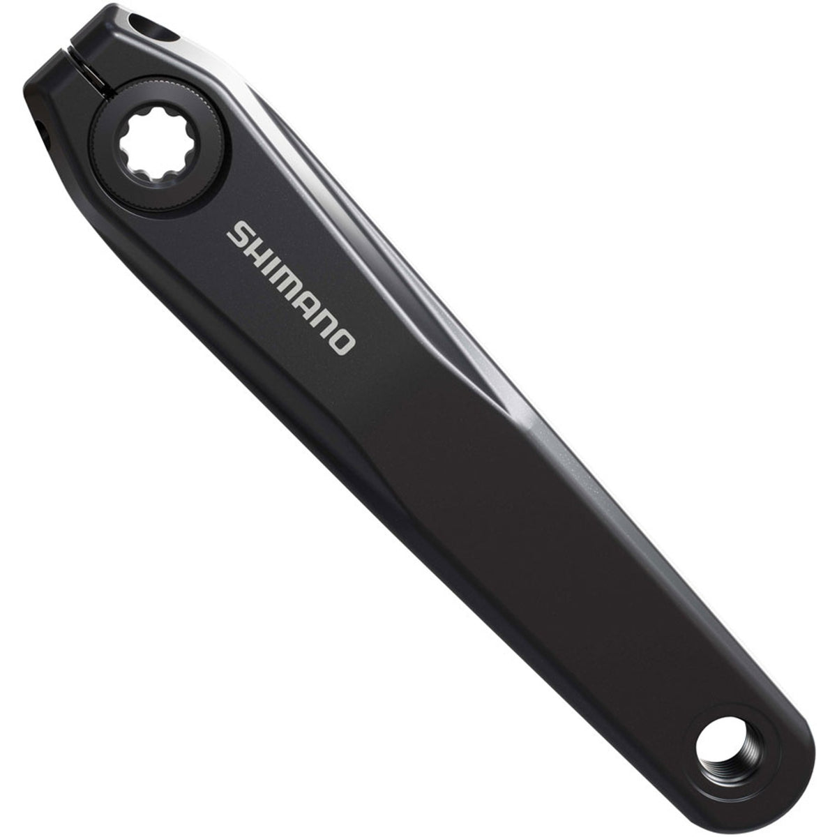 Shimano FC-MT520 crankset with black arms and chainring, designed for mountain biking, shown in a close-up view.