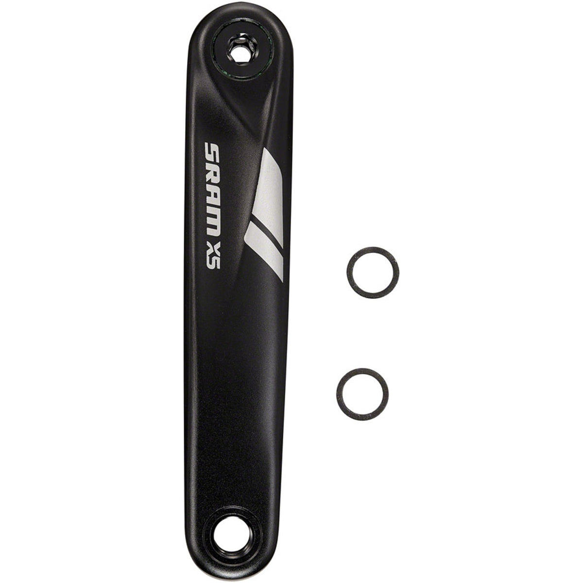 SRAM X5 left crank arm for cranksets, showing a close-up of the black alloy component with branding details.