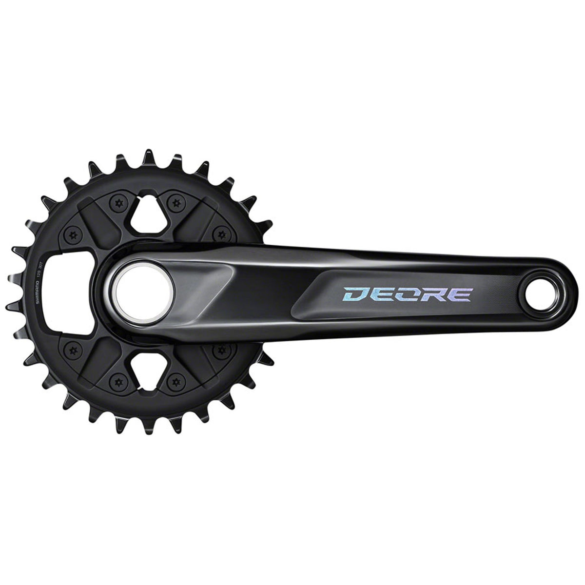 Shimano Deore M6100 crankset with black arms and chainring, close-up view showing the crankset's detailed design and brand logo.