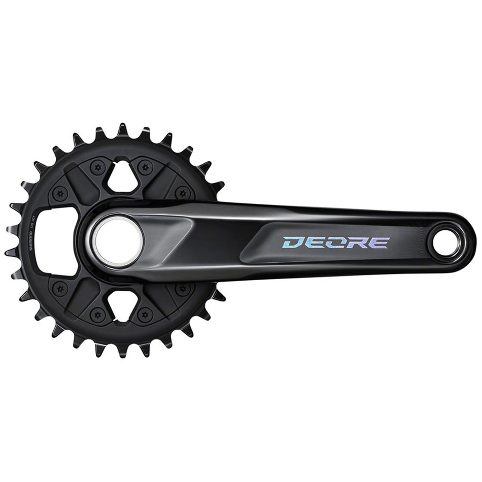 Shimano Deore M6100 crankset with black arms and chainring, close-up view showing the crankset's detailed design and brand logo.