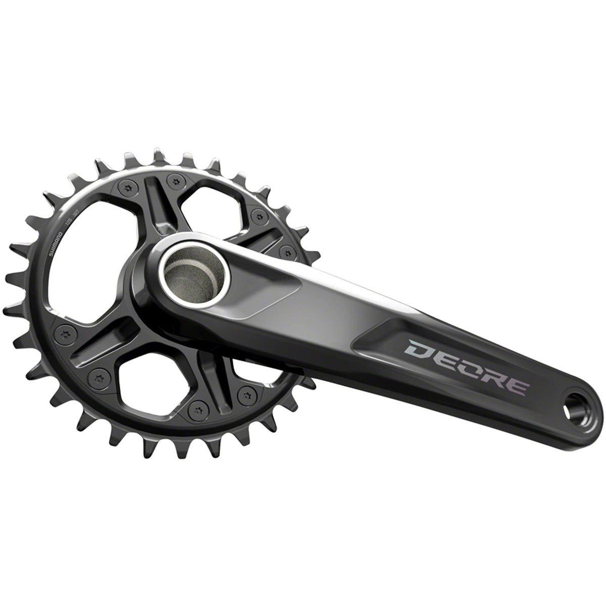 Shimano Deore M6100 crankset with black crank arms and chainring, front view showing crankset details.