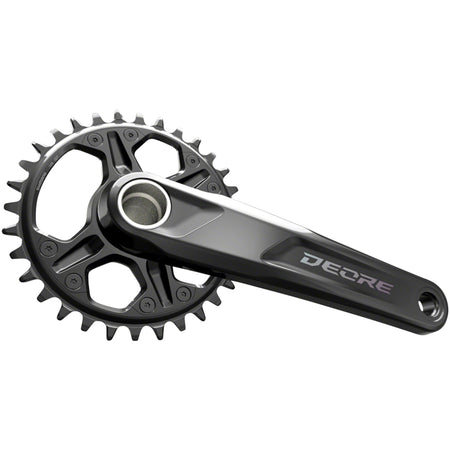 Shimano Deore M6100 crankset with black crank arms and chainring, front view showing crankset details.