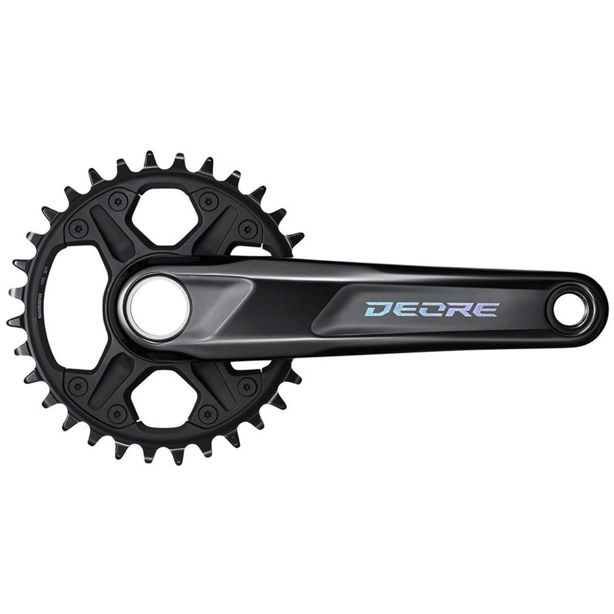 Shimano Deore M6100 crankset with black arms and chainring, mountain bike crankset for off-road cycling.
