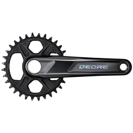 Shimano Deore M6100 crankset with black arms and chainring, mountain bike crankset for off-road cycling.