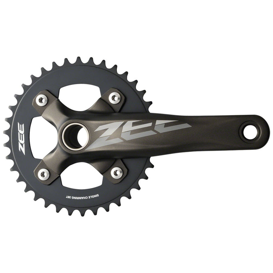 Shimano ZEE FC-M645/M640 crankset and bottom bracket set, black crankarms with chainring and mounting hardware.