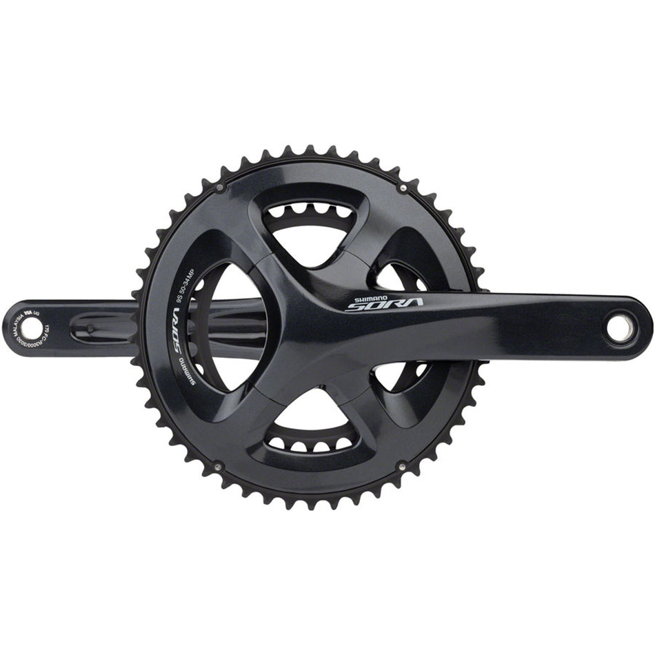Shimano Sora FC-R3000 crankset with double chainrings and crank arms, bike component for road or hybrid bicycles.