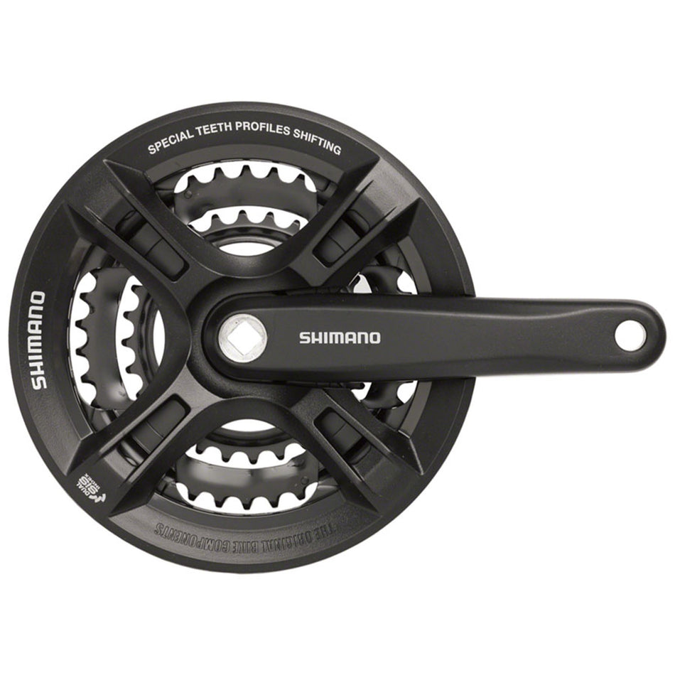 Shimano Altus FC-M311 crankset with black arms and chainring, used for mountain bikes or road bikes.