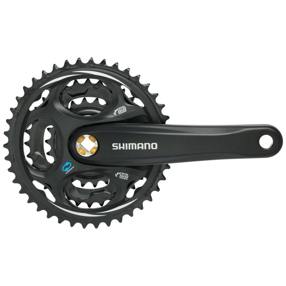 Shimano Altus FC-M311 crankset with black arms and chainring, mounted on a bicycle for smooth pedaling performance